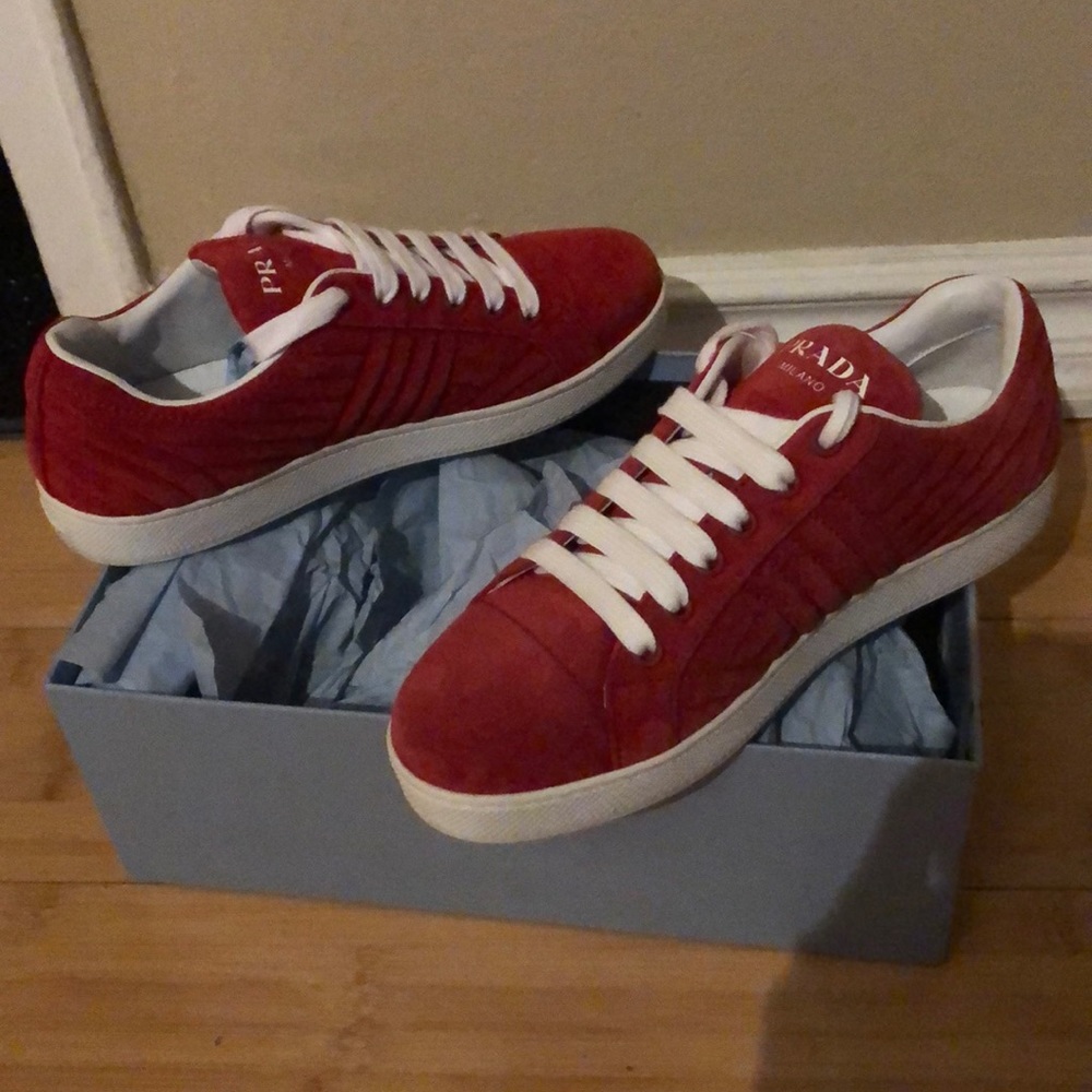 Worn once 2020 Prada Red Suede Sneakers 6.5